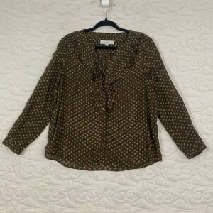 LOFT Petites Top Brown Yellow Print Ruffle V-Neck Button Front Blouse LP
